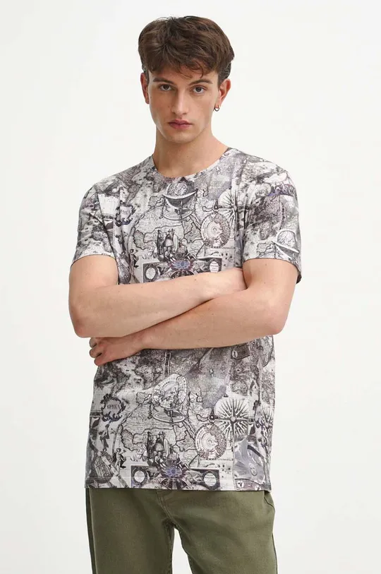 beżowy T-shirt bawełniany męski wzorzysty kolor beżowy Męski