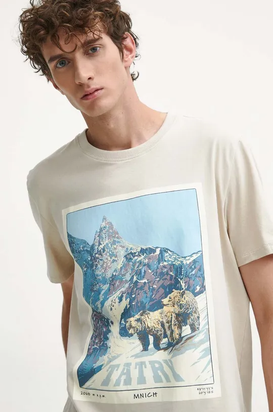 beżowy T-shirt bawełniany męski z nadrukiem z domieszką elastanu kolor beżowy