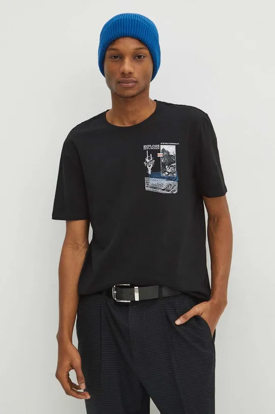 czarny T-shirt bawełniany męski z domieszką elastanu z nadrukiem kolor czarny