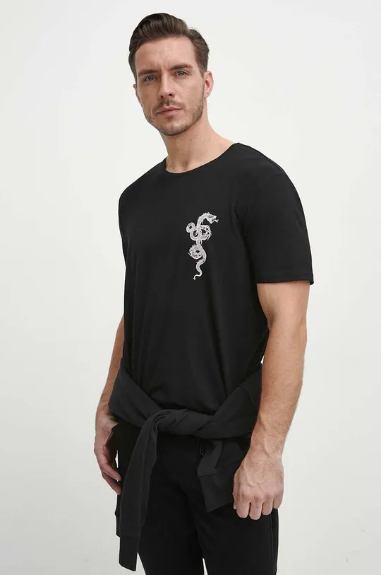 czarny T-shirt męski z domieszką elastanu z nadrukiem kolor czarny
