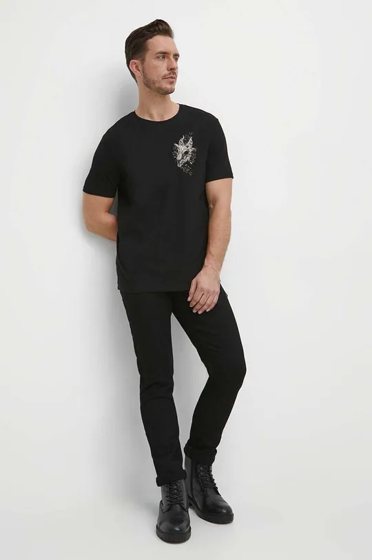 Bavlnené tričko pánske s elastanom s potlačou čierna farba čierna