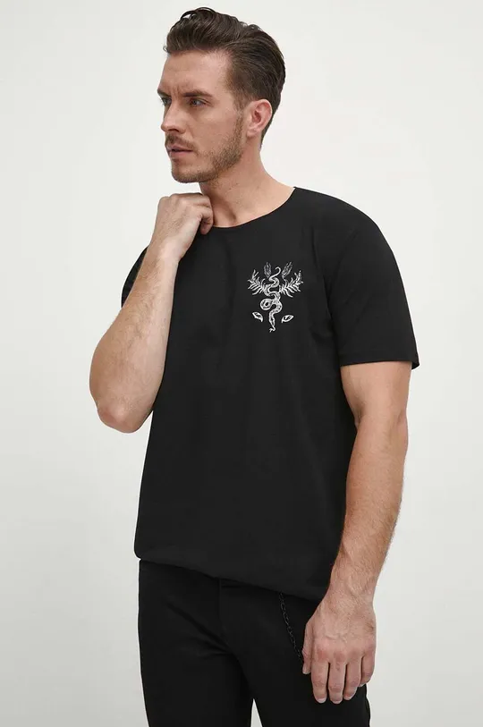 T-shirt bawełniany męski z domieszką elastanu z nadrukiem kolor czarny 95 % Bawełna, 5 % Elastan 