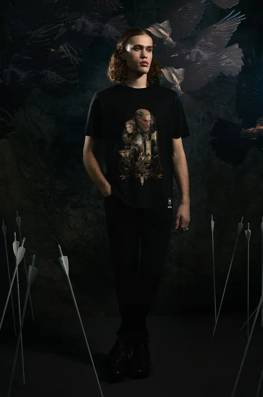 čierna Bavlnené tričko pánske z kolekcie The Witcher x Medicine čierna farba Pánsky