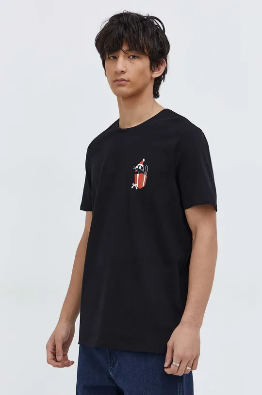 černá Bavlněné tričko pánské s elastanem s potiskem černá barva Pánský