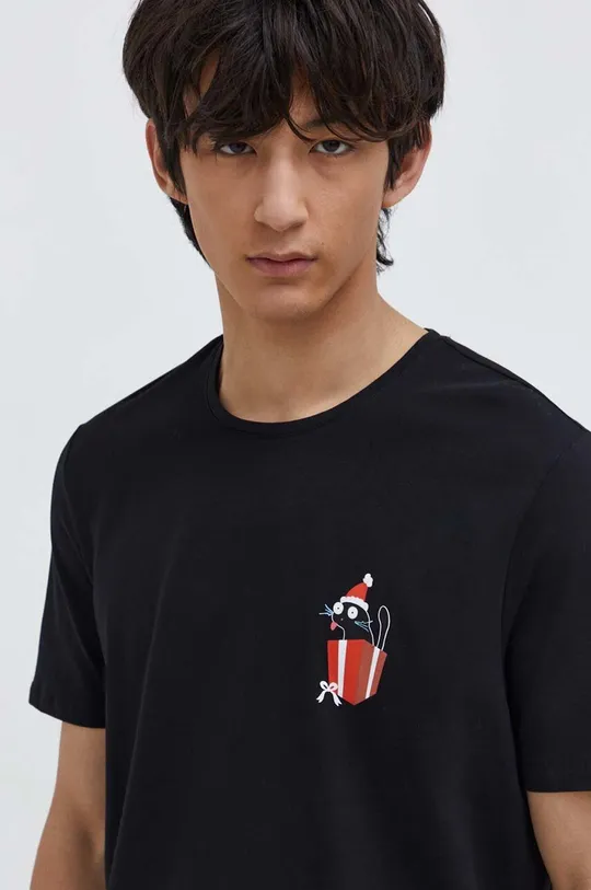 Bavlnené tričko pánske s elastanom s potlačou čierna farba čierna