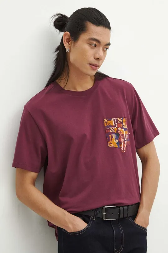 bordowy T-shirt bawełniany męski z domieszką elastanu z nadrukiem kolor bordowy