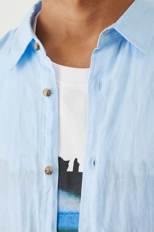 Lněná košile pánská jednobarevná modrá barva modrá