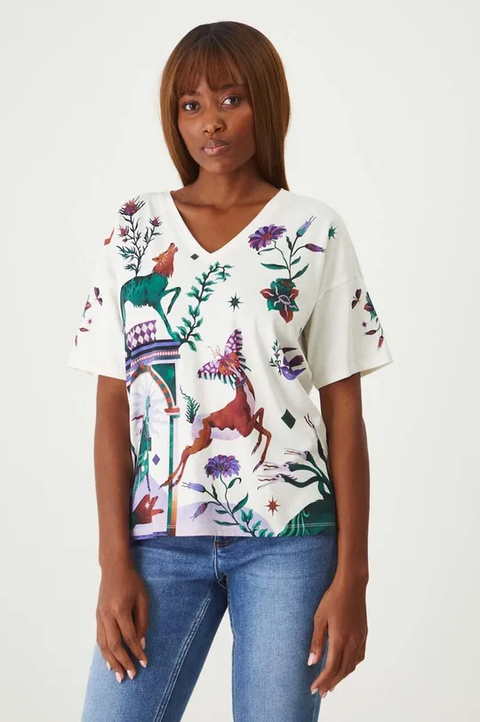 Bavlněné tričko dámské s potiskem béžová barva béžová