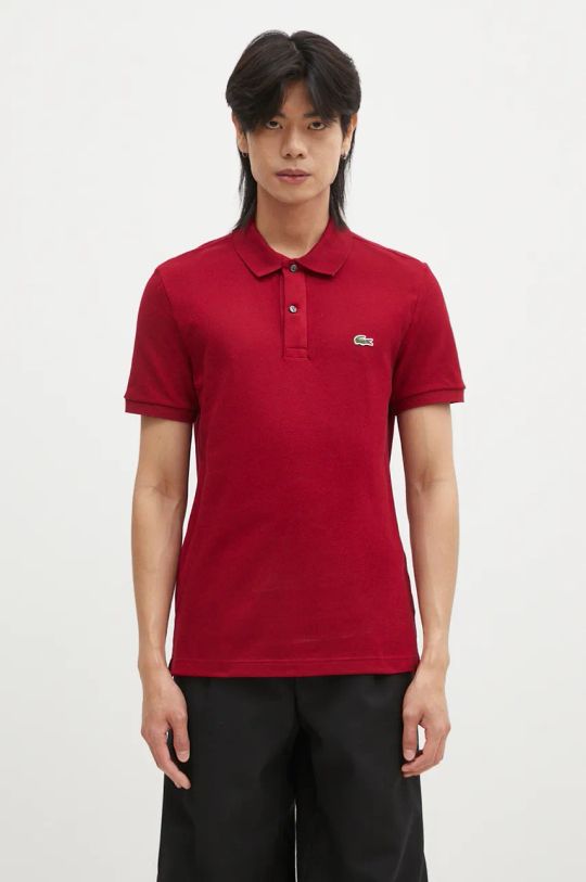 Памучна тениска с яка Lacoste изчистен бордо PH4012