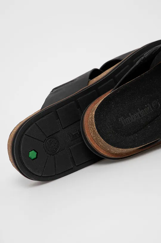 black Timberland leather sliders