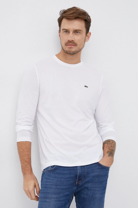 alb Lacoste longsleeve din bumbac