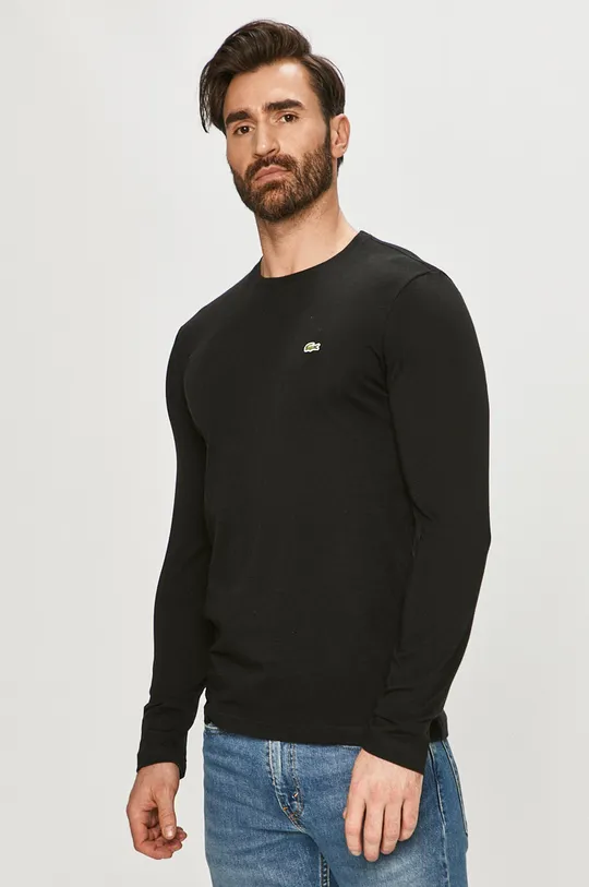čierna Bavlnené tričko s dlhým rukávom Lacoste Pánsky