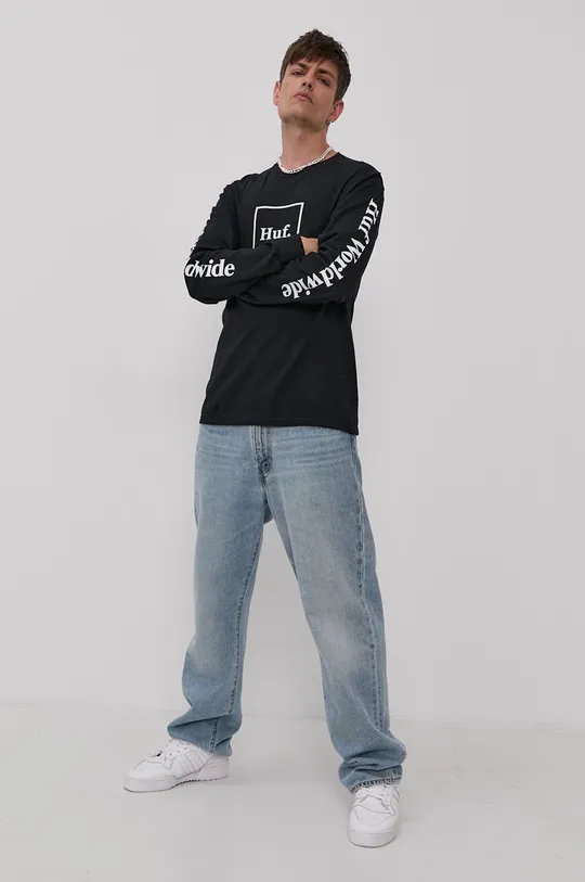 Bavlnené tričko s dlhým rukávom HUF čierna