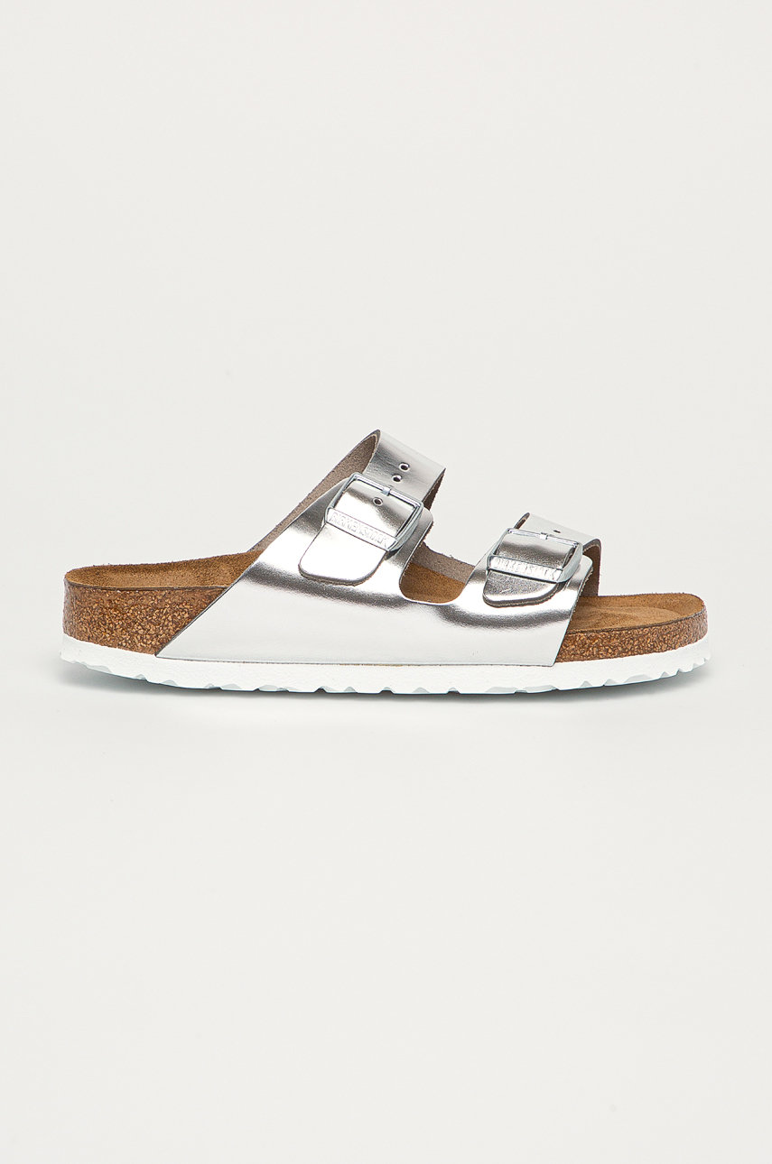 silver Birkenstock leather sliders Arizona Women’s