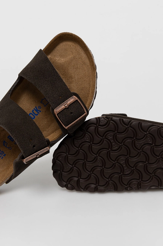 brown Birkenstock suede sliders