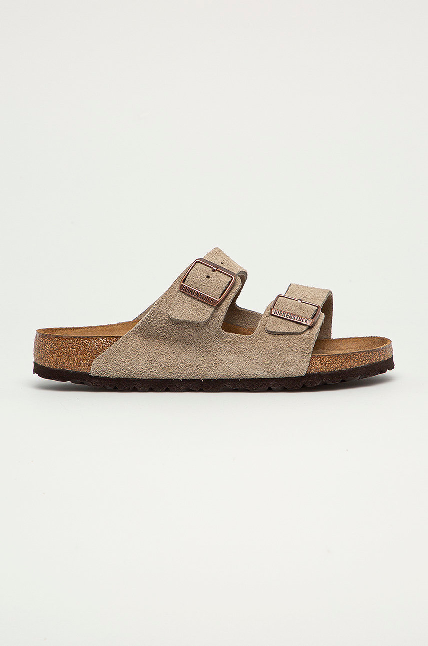 gray Birkenstock suede sliders Arizona Men’s