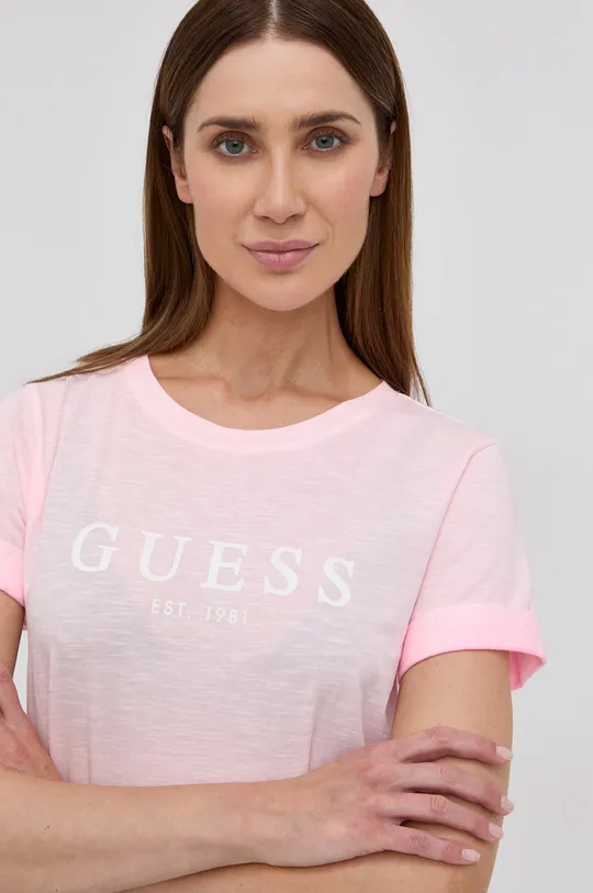różowy Guess T-shirt bawełniany Damski