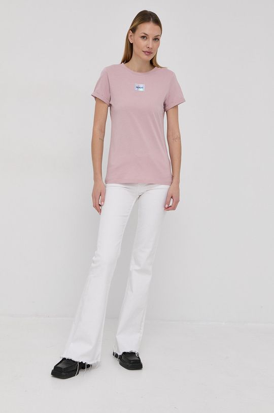 Hugo T-shirt bawełniany 50456008 pastelowy różowy