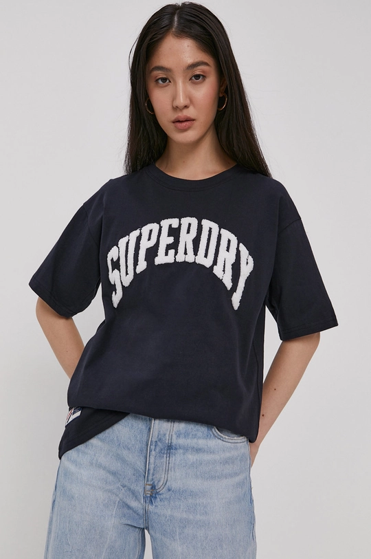 granatowy Superdry T-shirt bawełniany Damski