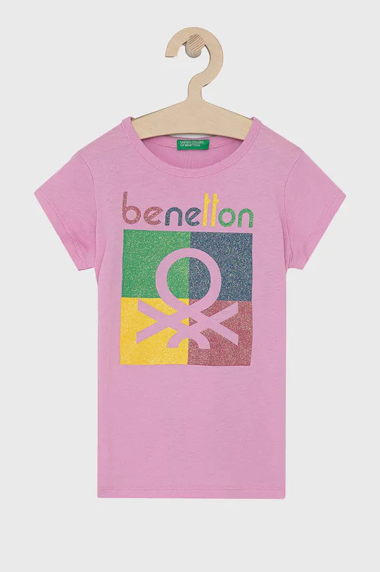 różowy United Colors of Benetton T-shirt bawełniany dziecięcy Dziewczęcy