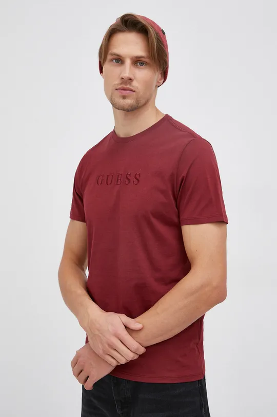 burgundské Bavlnené tričko Guess Pánsky
