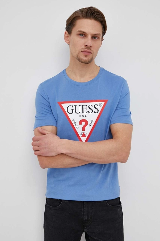 μπλε Βαμβακερό μπλουζάκι Guess Ανδρικά