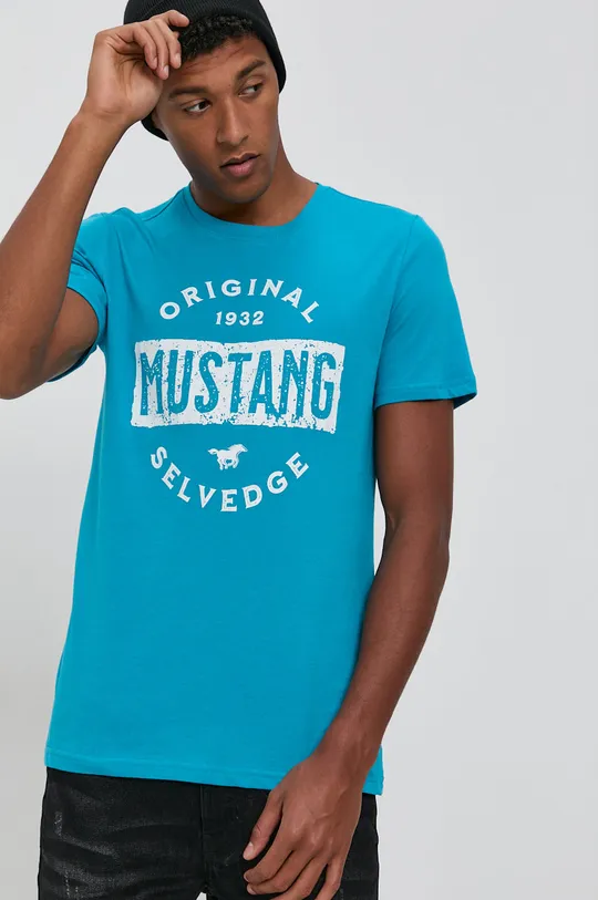 голубой Хлопковая футболка Mustang Мужской