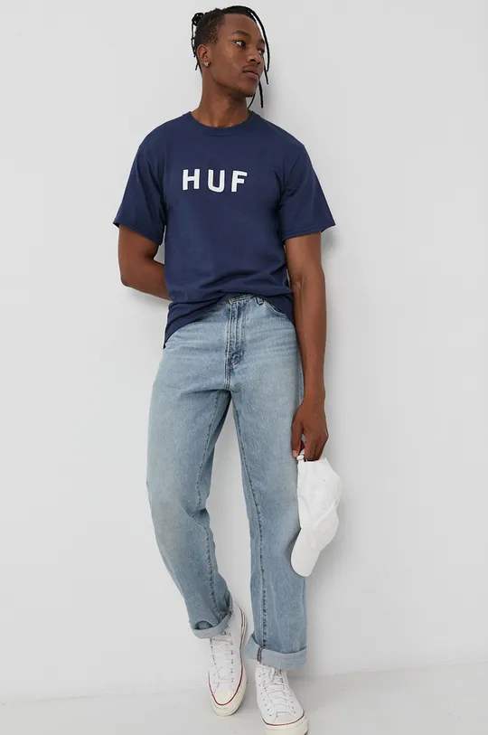 Βαμβακερό μπλουζάκι HUF σκούρο μπλε