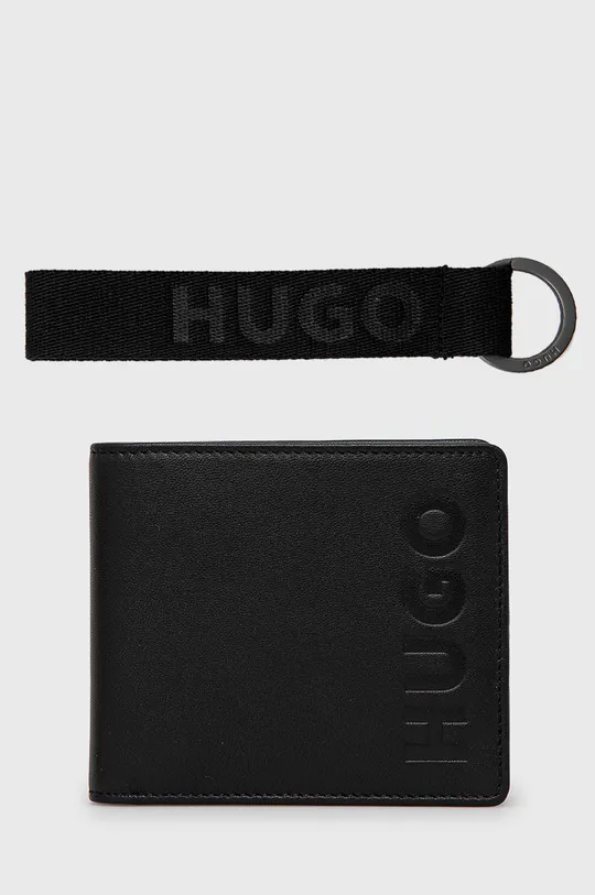 чёрный Кожаный кошелек + брелок HUGO Мужской