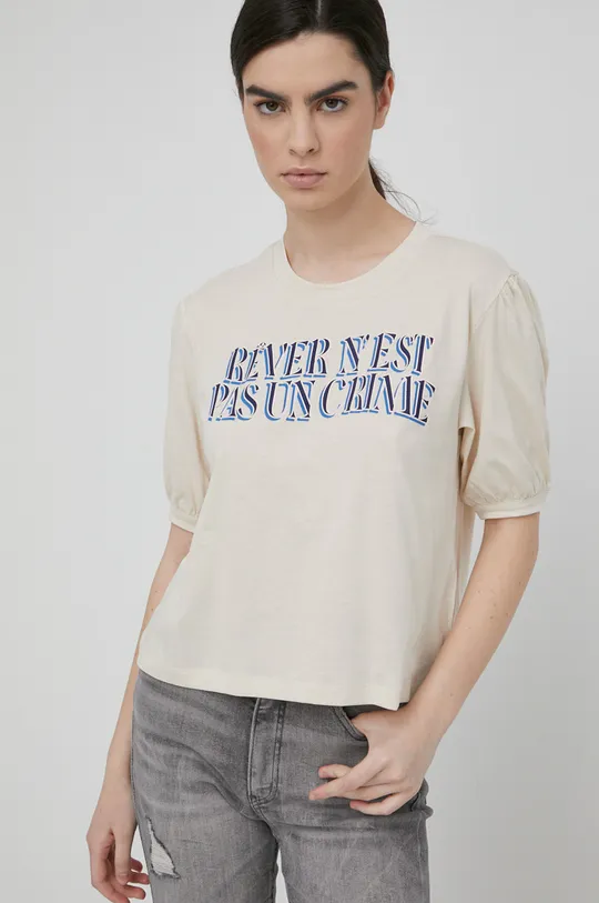 beżowy Sisley t-shirt bawełniany Damski