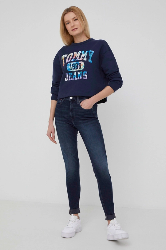 Tommy Jeans bombažni pulover mornarsko modra