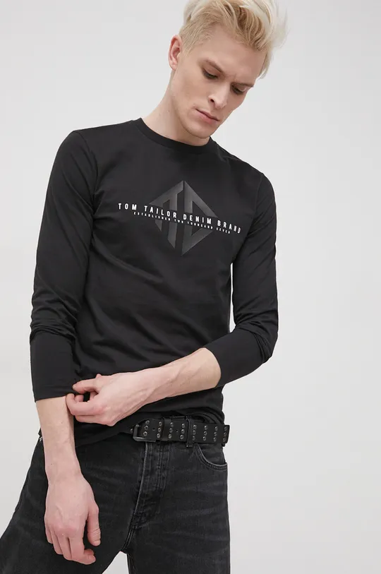 čierna Bavlnené tričko s dlhým rukávom Tom Tailor Pánsky