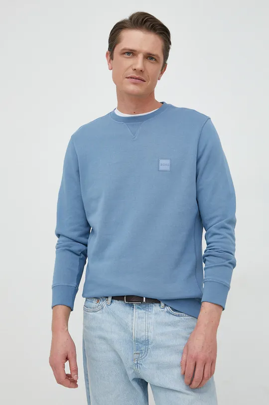 modra Bombažen pulover BOSS BOSS CASUAL Moški