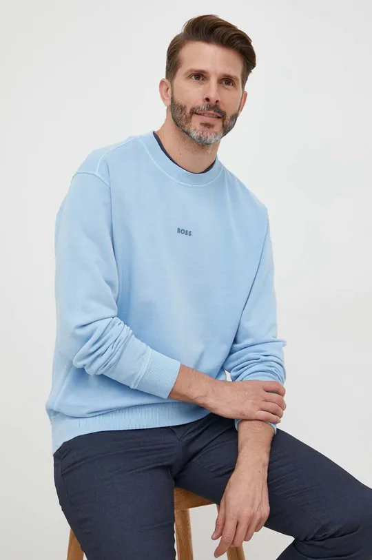 modra Bombažen pulover BOSS CASUAL Moški