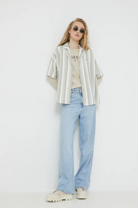 μπεζ Βαμβακερή μπλούζα με μακριά μανίκια Tommy Jeans Γυναικεία