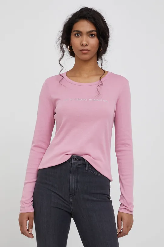 ροζ United Colors of Benetton - Βαμβακερό πουκάμισο με μακριά μανίκια Γυναικεία
