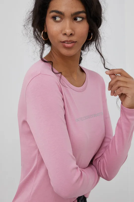 ροζ United Colors of Benetton - Βαμβακερό πουκάμισο με μακριά μανίκια