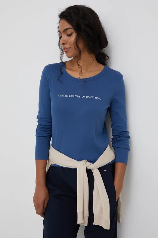 μπλε United Colors of Benetton - Βαμβακερό πουκάμισο με μακριά μανίκια Γυναικεία