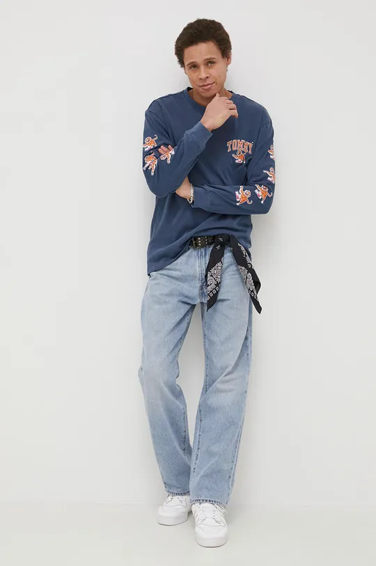 Tommy Jeans - Βαμβακερό πουκάμισο με μακριά μανίκια μπλε