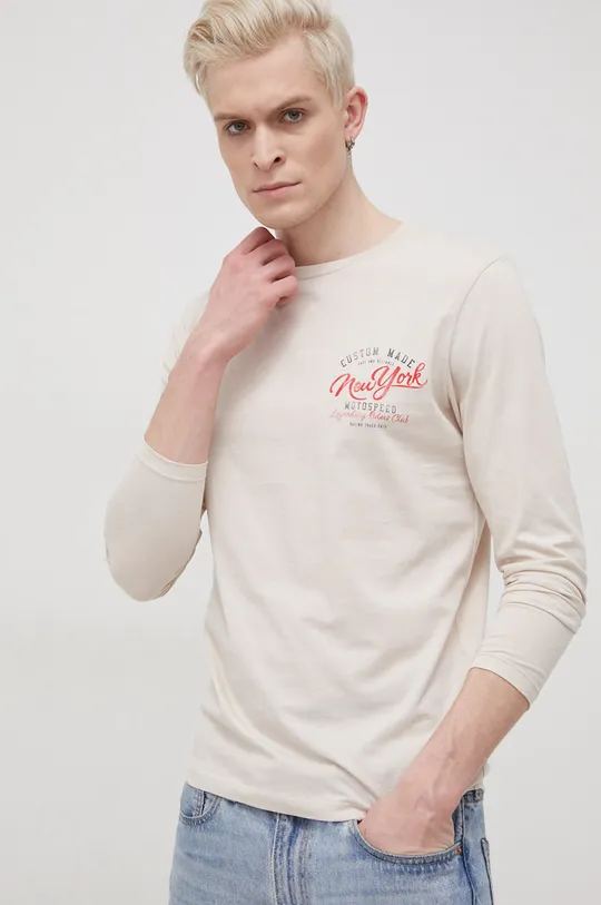 béžová Bavlnené tričko s dlhým rukávom Produkt by Jack & Jones Pánsky