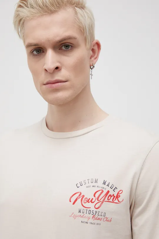 béžová Bavlnené tričko s dlhým rukávom Produkt by Jack & Jones