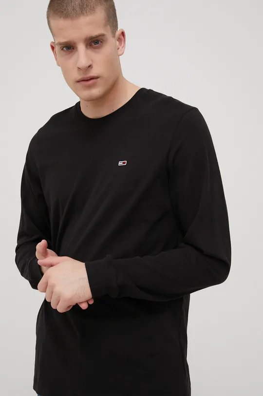 Βαμβακερή μπλούζα με μακριά μανίκια Tommy Jeans μαύρο