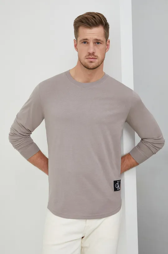béžová Bavlnené tričko s dlhým rukávom Calvin Klein Jeans Pánsky