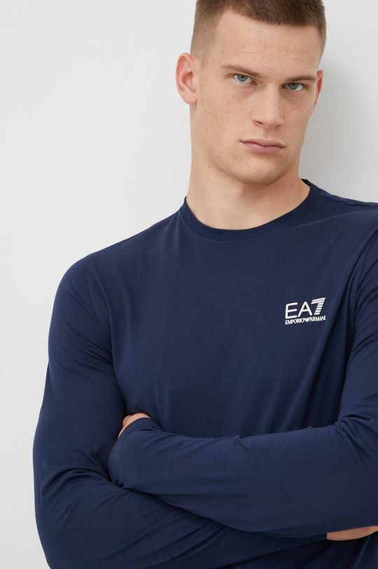 tmavomodrá Bavlnené tričko s dlhým rukávom EA7 Emporio Armani