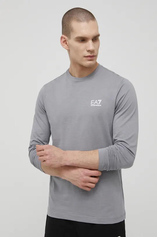 sivá Bavlnené tričko s dlhým rukávom EA7 Emporio Armani Pánsky