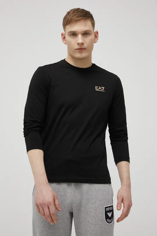 čierna Bavlnené tričko s dlhým rukávom EA7 Emporio Armani Pánsky