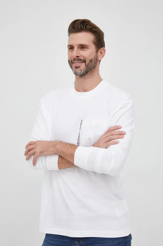 biela Bavlnené tričko s dlhým rukávom Calvin Klein Jeans