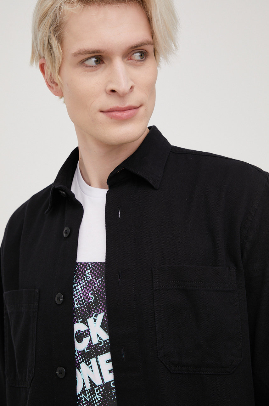 Premium by Jack&Jones koszula z domieszką lnu męska kolor czarny regular z kołnierzykiem