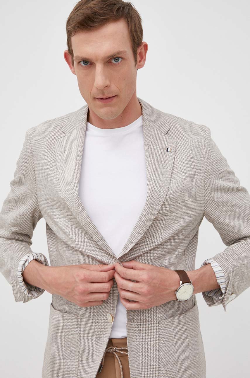 Ľanové sako BOSS pánske, béžová farba | ANSWEAR.sk