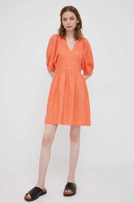 United Colors of Benetton sukienka lniana pomarańczowy